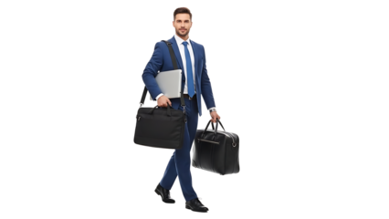 A business professional walks purposefully, carrying a laptop and a briefcase
