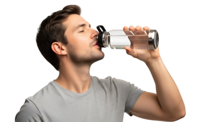 A man drinking water from a transparent water bottle, staying hydrated and refreshed