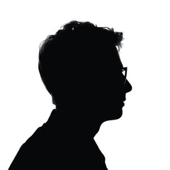 High contrast profile silhouette of a man wearing glasses against a white background