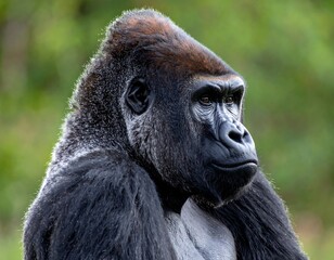 Obraz premium A detailed portrait shows a powerful male primate with a silverback. Its dark fur contrasts against green foliage. The image evokes a sense of strength and intelligence