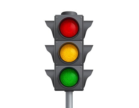 A detailed illustration of a traffic signal with three lights red, yellow, and green. The signal is on a pole, all against a white backdrop