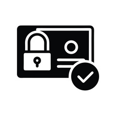 Secure card icon displaying a padlock with an approval checkmark in black and white