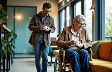 Older man in wheelchair using a smartphone in a modern lounge with a companion