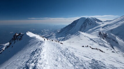 Elegant photo of Hikers on a snowy mountain ridge with a distant peak under a clear blue sky.
