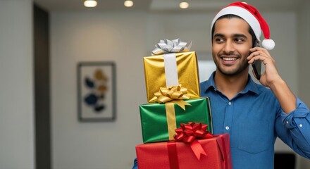 Happy Man in Santa Hat Talking on Phone with Gifts