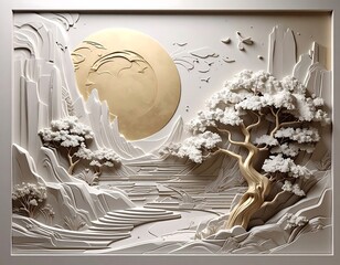 A detailed relief sculpture depicts a serene landscape. A large golden sun hangs above tiered mountains and stylized trees