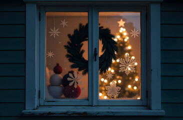 Cozy Christmas window with wreath and glowing tree lights at night
