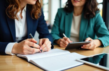 Business meeting with two women taking notes and reviewing documents at desk