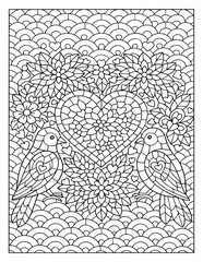 Intricate zentangle heart with two birds and floral details
