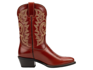 Isolated burgundy leather cowboy boot, western embroidery detail for fashion apparel shops