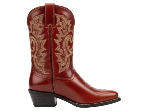 Isolated burgundy leather cowboy boot, western embroidery detail for fashion apparel shops