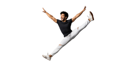 A dynamic and joyful man performing an athletic split jump with arms spread wide