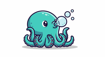 Cute cartoon octopus blowing bubbles in the ocean, aquatic animal illustration.