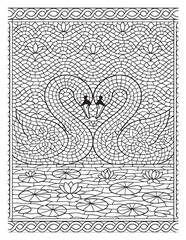 Intricate black and white mosaic art depicting two swans forming a heart shape