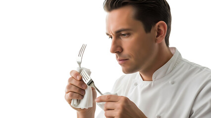 A chef carefully inspecting a fork in a culinary setting