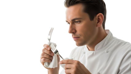A chef carefully inspecting a fork in a culinary setting