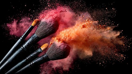 Elegant photo of Multiple makeup brushes with pink and orange cosmetic powder explosion on a black background.