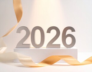 2026 a Year of Celebration and New Beginnings, Silver Number on Pedestal with Gold Ribbon