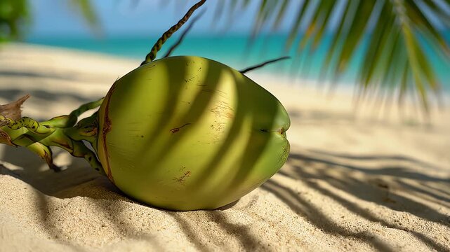 Coconut Lies on Sand Beach Under Palm Tree Leaves on Sunny Day