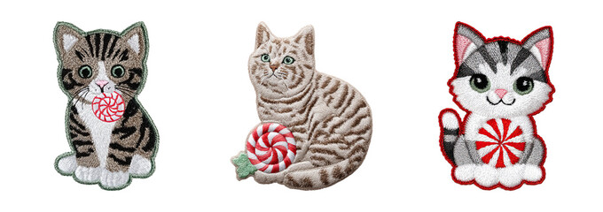 Fototapeta premium Playful christmas craft embroidery kitten holding peppermint candy evokes cozy holiday cheer
