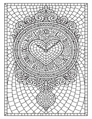 Intricate heart shaped clock with roman numerals and pendulum detailed line art
