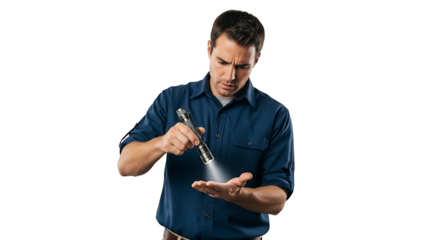 A man holding a bright light emanating from a penlight, in a gesture of knowledge