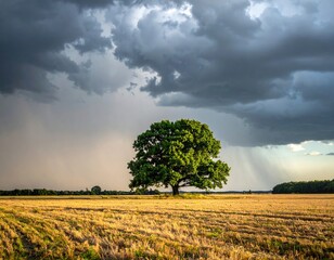 Lone oak tree in golden field under stormy clouds