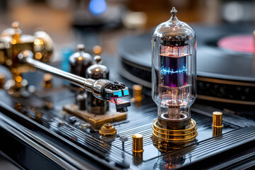 Vintage audio equipment showcasing a vacuum tube and turntable at a home music studio