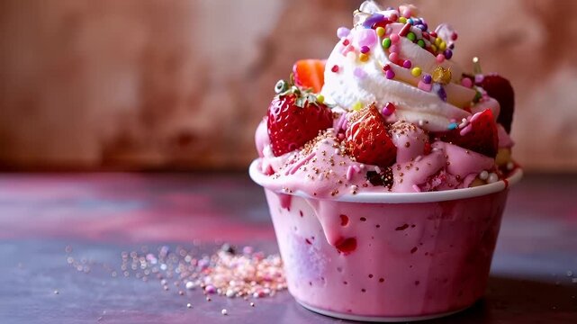 A closeup of a strawberry ice cream sundae with toppings, including whipped cream, strawberries, and sprinkles. The ice cream is a vibrant pink color, and the toppings are a mix of white, red.