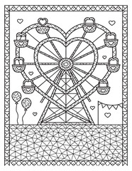 Heart shaped ferris wheel in a whimsical amusement park coloring page