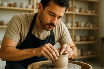 Focused male potter shaping clay bowl on spinning wheel in warm light studio with creative background of wooden shelves and ceramic pieces. Ai generative