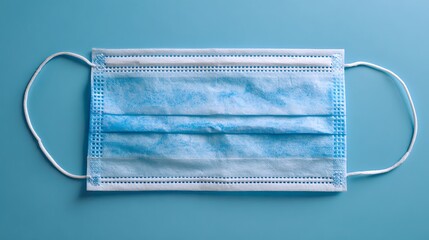 Elegant photo of Blue disposable surgical face mask on a light blue background