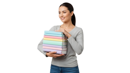 A woman holding a stack of books with a smile. The colorful books are stacked neatly and held by a smiling woman