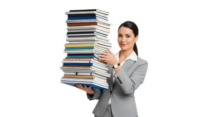 A woman confidently holding a tall stack of books, books indicating her knowledge and dedication