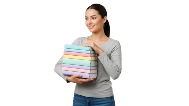 A woman holding a stack of books with a smile. The colorful books are stacked neatly and held by a smiling woman - Powered by Adobe