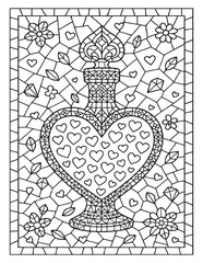 Stained glass heart bottle with intricate floral and geometric patterns for coloring