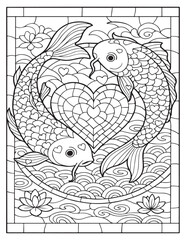Stained glass style two koi fish forming heart shape with lotus flowers