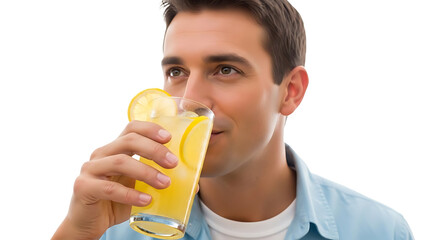 Man enjoying a refreshing glass of lemonade with a slice of lemon. A man is smiling with a glass of beverage