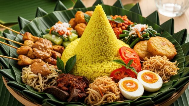 Authentic Indonesian Nasi Tumpeng: Vibrant Yellow Rice Cone with Traditional Side Dishes on Banana Leaf Tray, a Festive Culinary Celebration