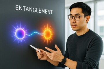Scientist explaining quantum entanglement with glowing particles and energy connection on digital display in modern classroom setting. Ai generative
