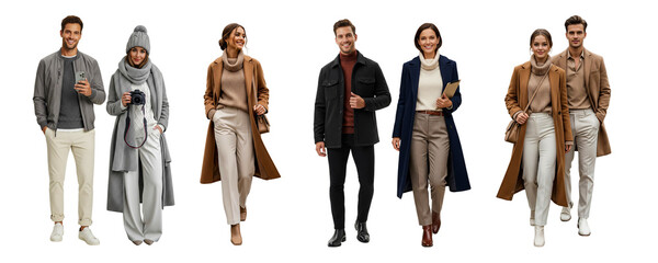 group of people in winter outfit standing and walking isolated on white	

