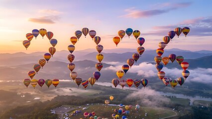 2026 Formed by Colorful Hot Air Balloons in Sunrise Sky Over Scenic Mountain Landscape