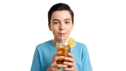 A young person refreshing themselves with a cold beverage, enjoying a lemon garnish. They are sipping through a straw