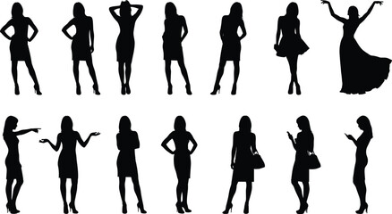 Woman silhouette, fashion pose, stylish gesture, dress and heels, handbag icon, expressive stance, body language, elegance, vector illustration