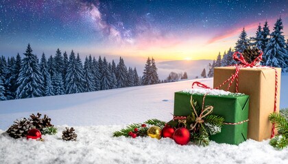 雪上で輝くプレゼントと装飾の冬景色3