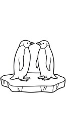 Fototapeta premium Two cute cartoon penguins standing on an ice floe - black and white art illustration for kids coloring page