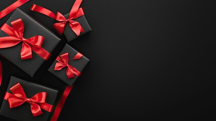 Black and red gift boxes with elegant ribbons sit neatly on a background that enhances their festive appearance and allure