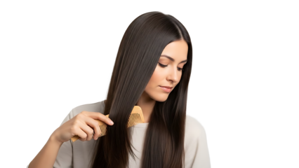 A woman brushing her shiny, smooth, and straight hair with a wooden comb