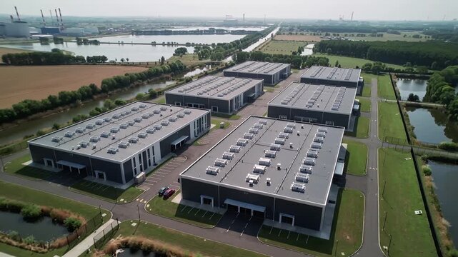 Overview of large industrial data center building infrastructure with computing network technology area with multiple buildings by the river in daytime