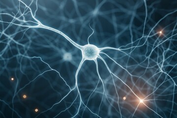 Glowing neural network structure with synapses and neurons interconnected on dark background, symbolizing abstract brain science and light signals.